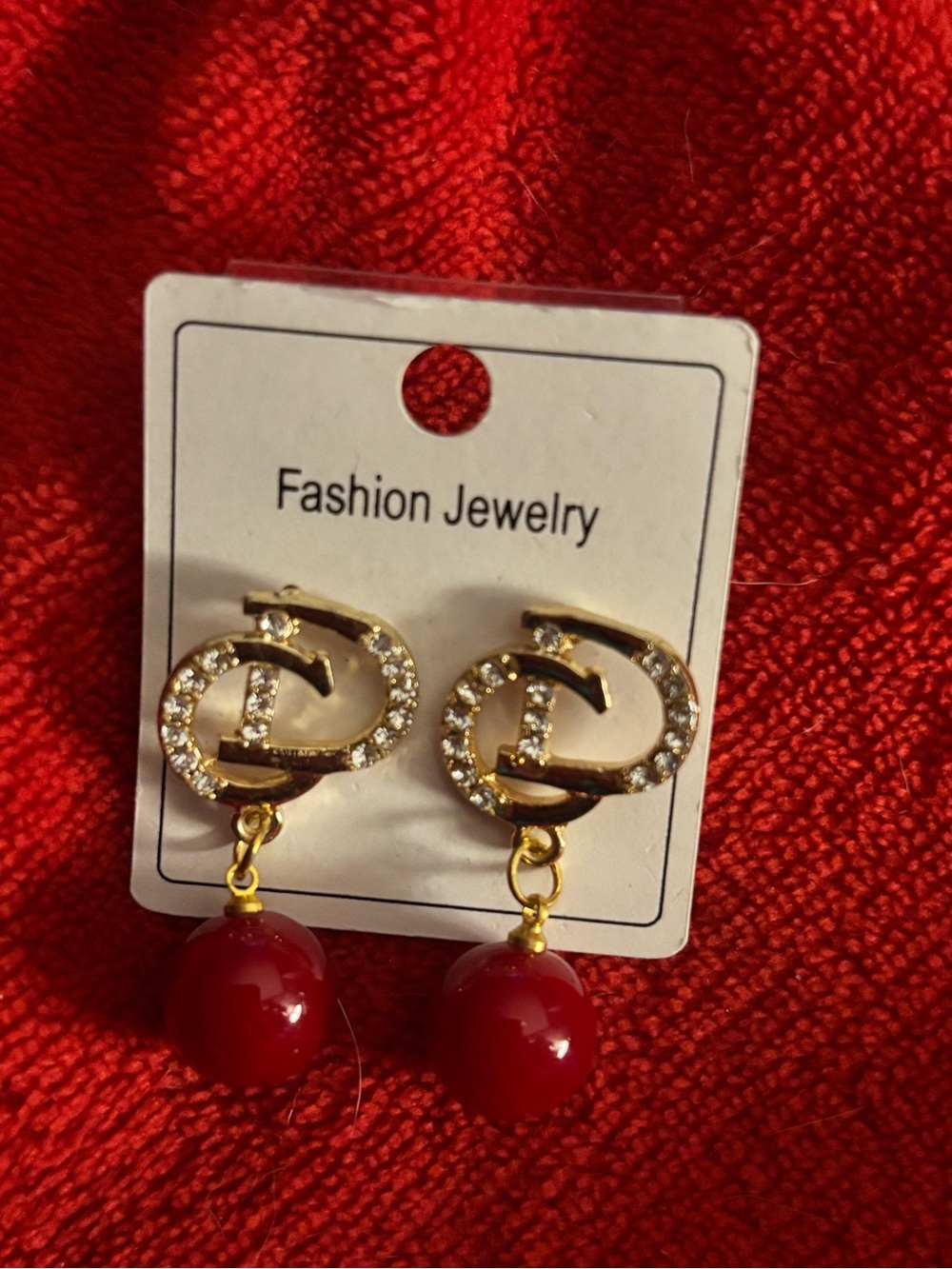 Fashion Jewelry Gold Tone Crystal Hoop Earrings with Red Bead Drops